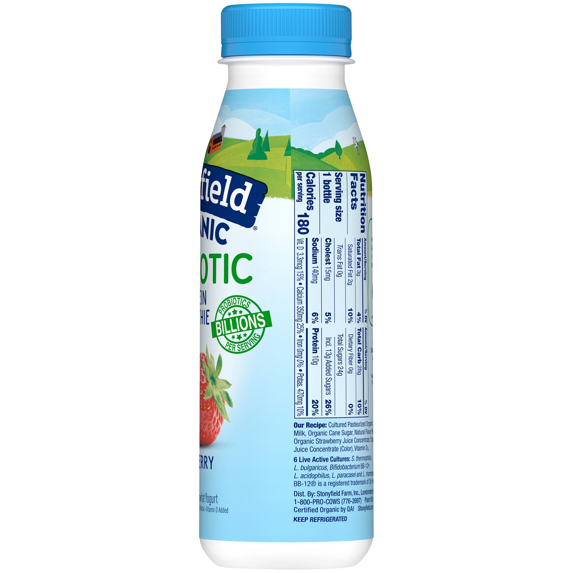slide 1 of 2, Stonyfield Organic is making it easier and more delicious to up your probiotic intake. With billions of probiotics in each serving, and live active cultures, our Stonyfield Organic Probiotic Strawberry Lowfat Yogurt Protein Smoothies make mornings brighter. These strawberry low fat smoothies deliver 10 grams of protein in convenient 10-ounce bottles and are an excellent source of calcium and a good source of vitamin D – perfect for your busy on-the-go lifestyle. We use 100% organic milk from pasture-raised cows and a variety of flavors made with simple ingredients to create a tantalizing snack for adults and kids. Our yogurt is made without the use of toxic persistent pesticides, antibiotics, artificial growth hormones, or genetically modified organisms (GMOs), protecting you for the long haul and contributing to a healthy and sustainable world. Try our full line of products for babies, kids and adults, including yogurt cups, yogurt pouches, multi-serving yogurt containers, dairy free smoothie pouches, drinkable yogurt, yogurt tubes and more. With fresh tase, high-quality ingredients, and no added nonsense, Stonyfield Organic Yogurt is #goodonpurpose!, 10 oz