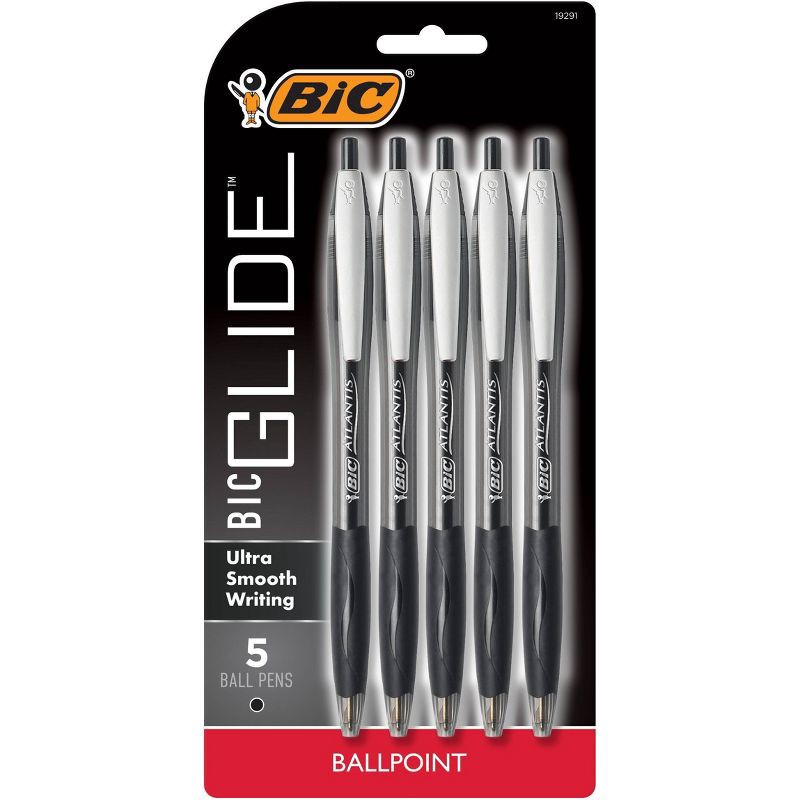 slide 1 of 8, BiC 5pk Retractable Ballpoint Pens Black: 1.0mm Point, Contoured Rubber Grip, Pocket Clip, Stationery & Office Supplies, 5 ct