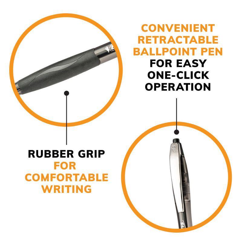 slide 6 of 8, BiC 5pk Retractable Ballpoint Pens Black: 1.0mm Point, Contoured Rubber Grip, Pocket Clip, Stationery & Office Supplies, 5 ct