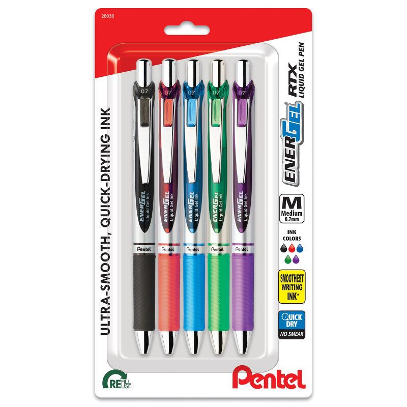 slide 1 of 8, Pentel 5ct Rollergel Pens Energel 0.7mm Multiple Color Ink: Quick Drying, Retractable, Blue, Green, Black, Stationery Set, 5 ct