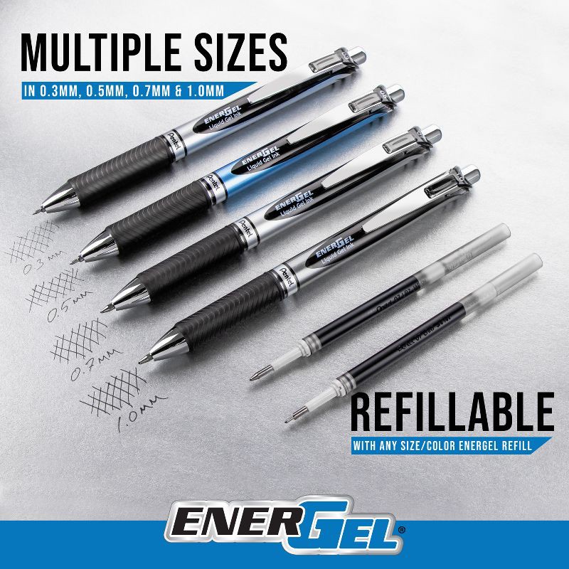 slide 3 of 8, Pentel 5ct Rollergel Pens Energel 0.7mm Multiple Color Ink: Quick Drying, Retractable, Blue, Green, Black, Stationery Set, 5 ct