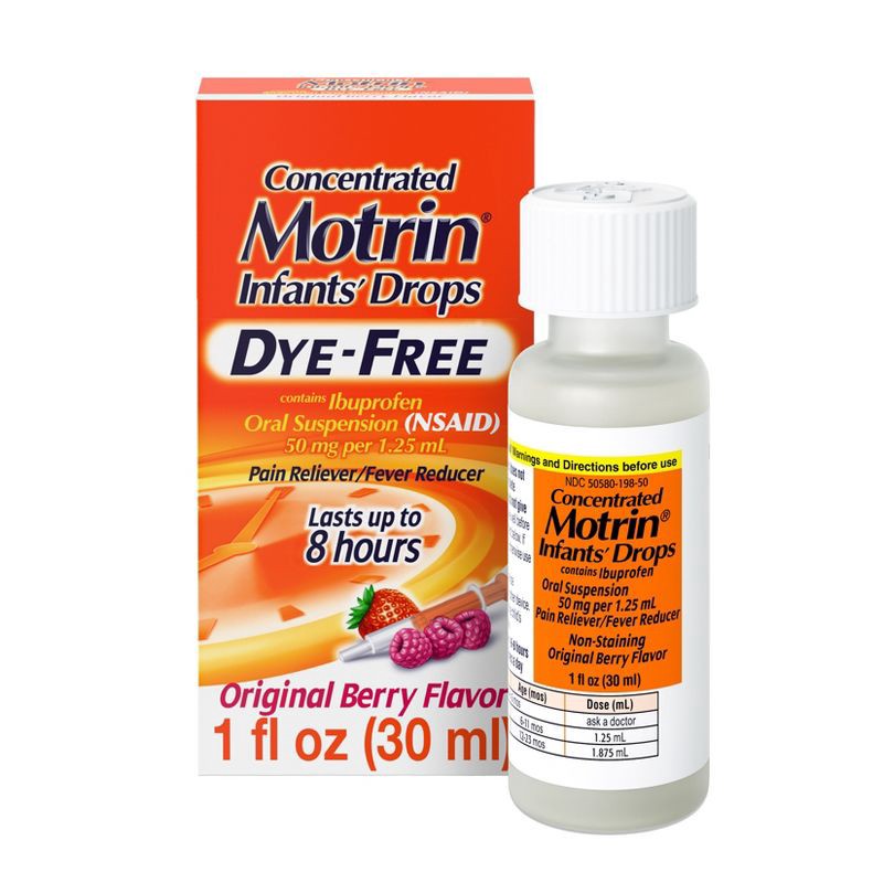 slide 1 of 10, Infants' Motrin Dye-Free Pain Reliever/Fever Reducer Liquid Drops - Ibuprofen (NSAID) - Berry - 1 fl oz, 1 fl oz