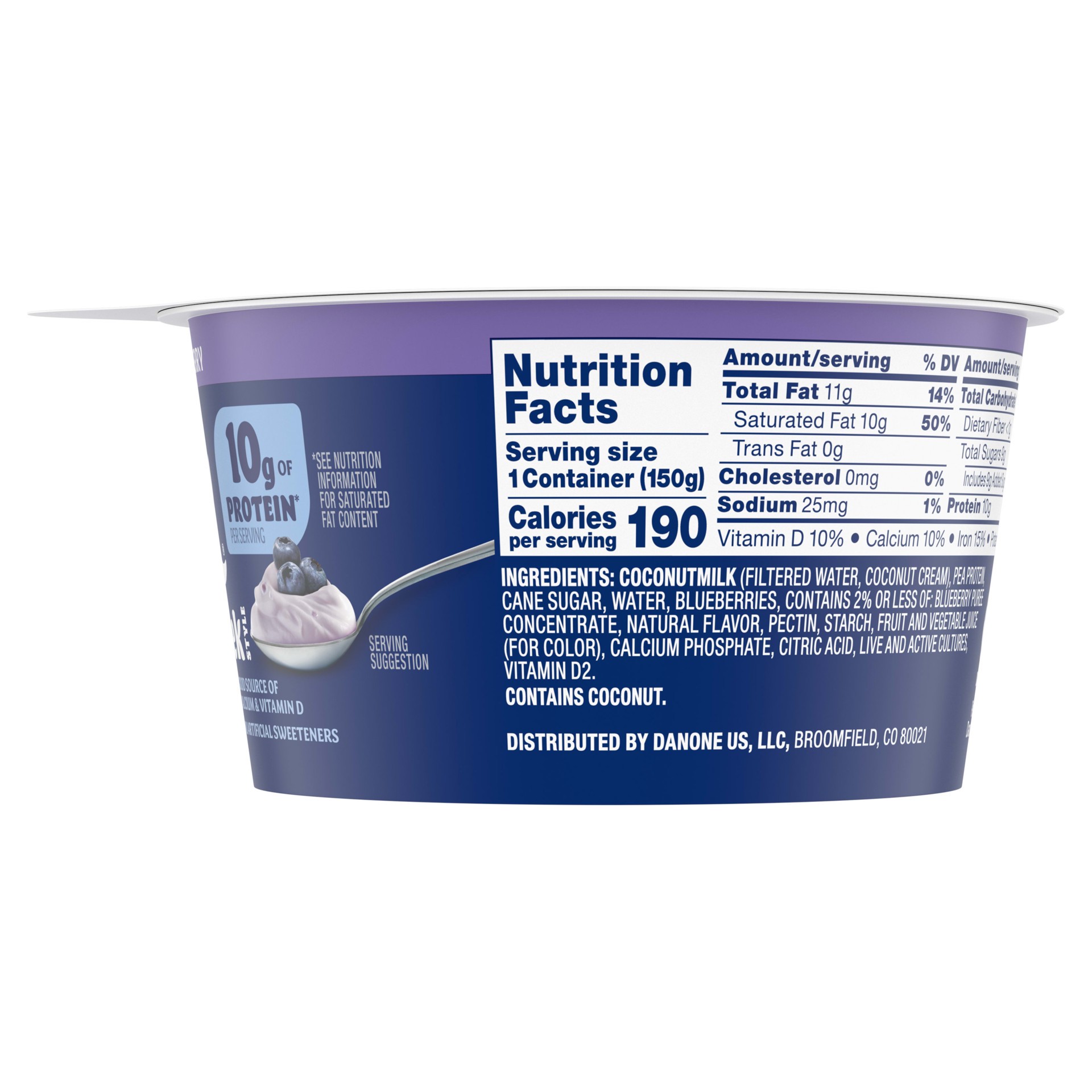 slide 2 of 5, Silk Blueberry Dairy Free, Greek Style Coconut Milk Yogurt Alternative, Thick and Creamy Plant Based Yogurt with 10 Grams of Protein, 5.3 OZ Container, 5.3 oz