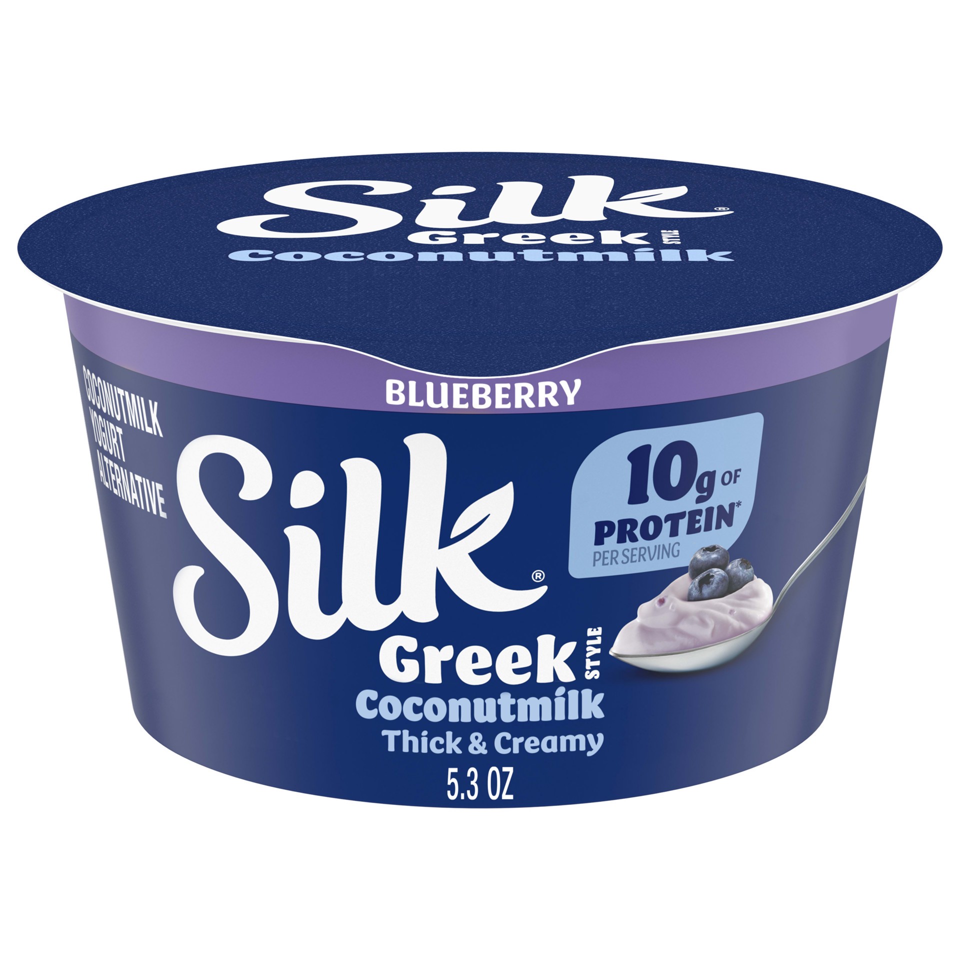 slide 1 of 5, Silk Blueberry Dairy Free, Greek Style Coconut Milk Yogurt Alternative, Thick and Creamy Plant Based Yogurt with 10 Grams of Protein, 5.3 OZ Container, 5.3 oz