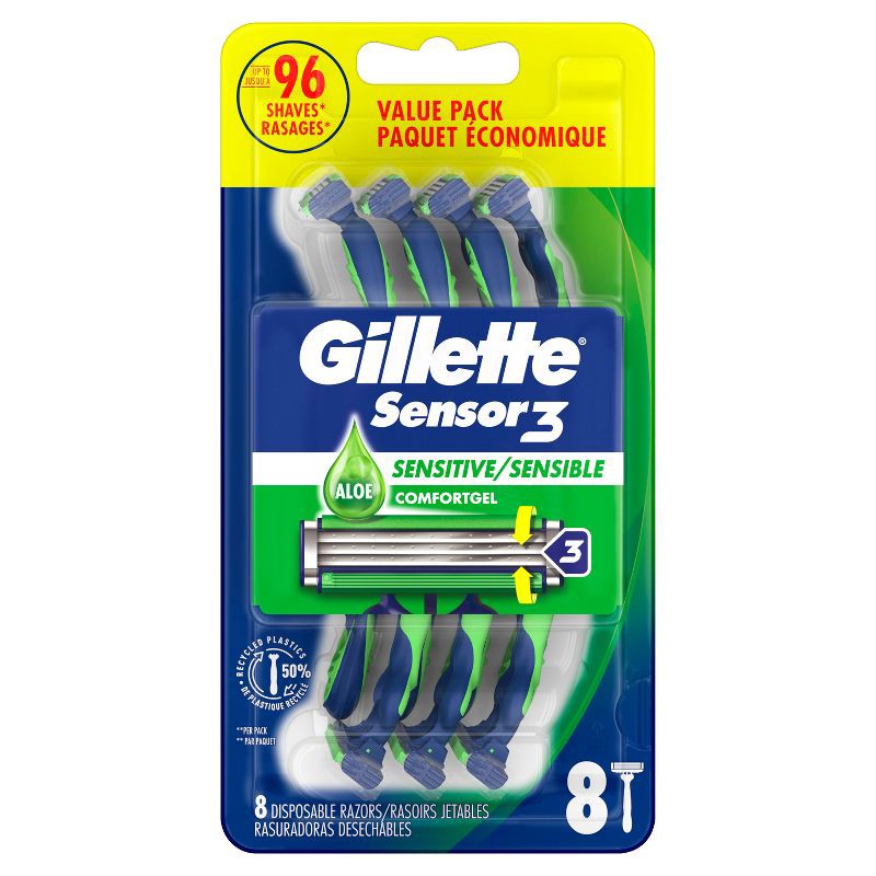 slide 2 of 12, Gillette Sensor3 Sensitive Men's Disposable Razors - 8ct, 8 ct