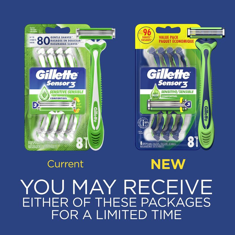 slide 10 of 12, Gillette Sensor3 Sensitive Men's Disposable Razors - 8ct, 8 ct