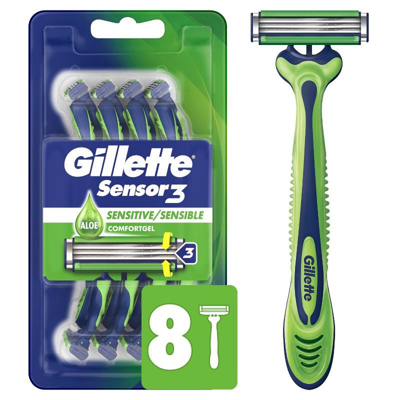 slide 1 of 8, Gillette Sensor3 Sensitive Men's Disposable Razors - 8ct, 8 ct