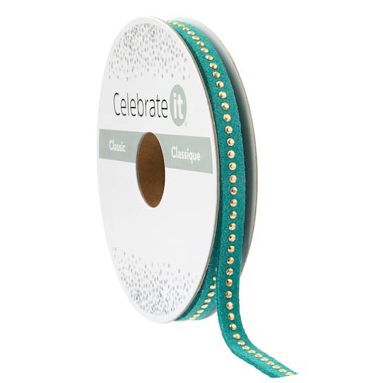 slide 1 of 2, 1/4" X 3yd. Green & Gold Dotted Ribbon By Celebrate It Classic, 1/4 in x 3 yd