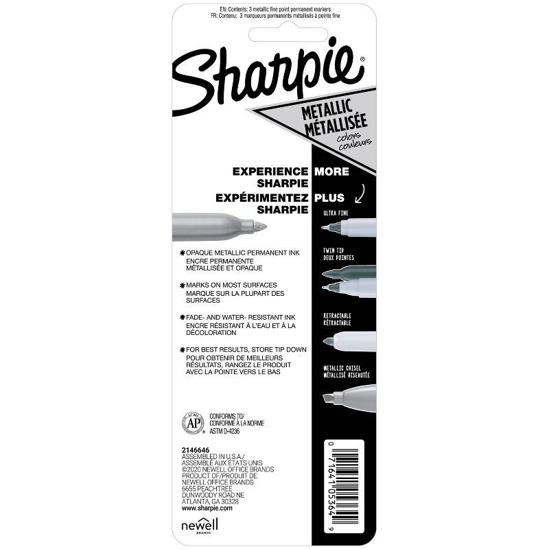 slide 7 of 10, Sharpie 3pk Permanent Markers Fine Tip Metallic Gold/Silver/Bronze, 3 ct