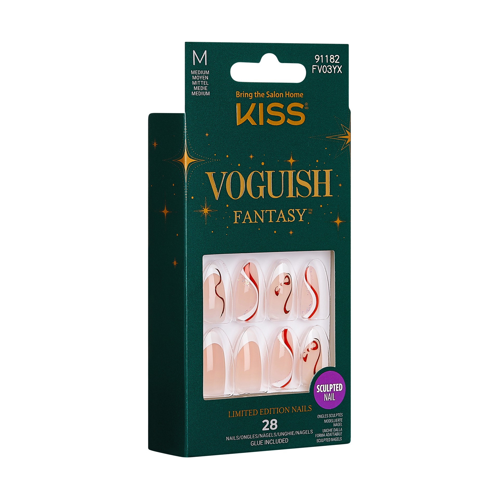 slide 4 of 5, KISS Voguish Fantasy Holiday Press-On Nails, White, Medium Length, Almond Shaped, 31 Ct., 1 ct