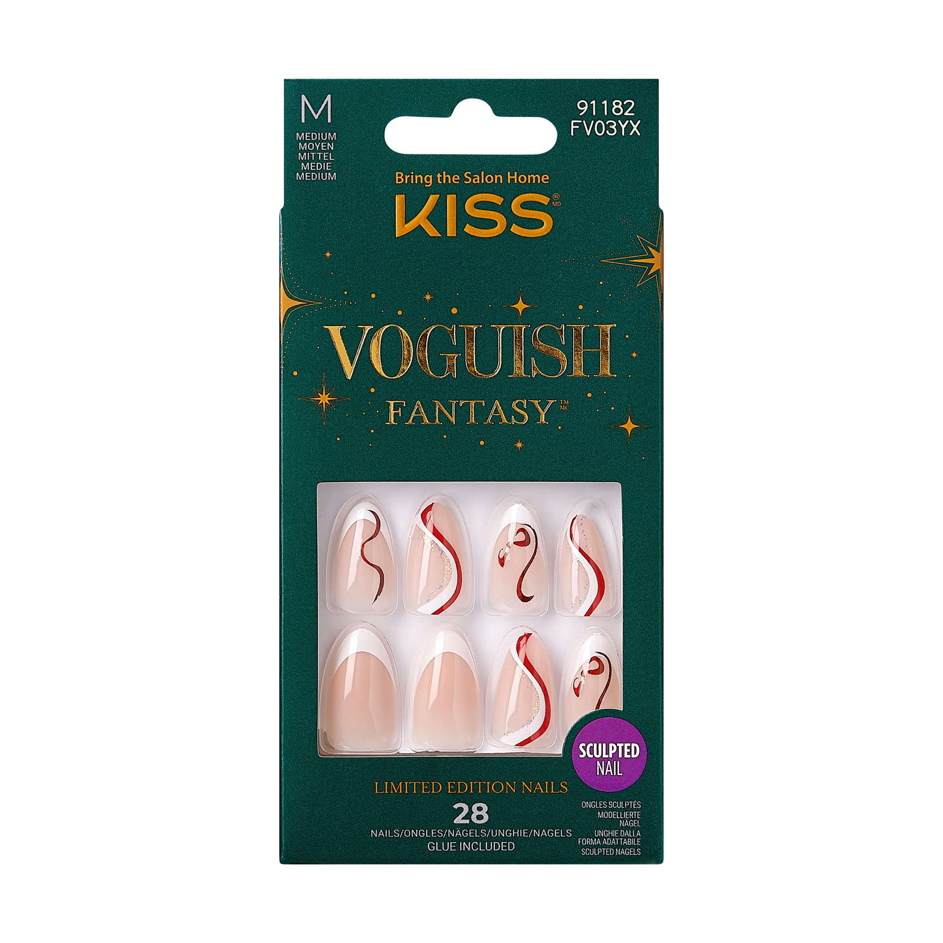 slide 1 of 5, KISS Voguish Fantasy Holiday Press-On Nails, White, Medium Length, Almond Shaped, 31 Ct., 1 ct