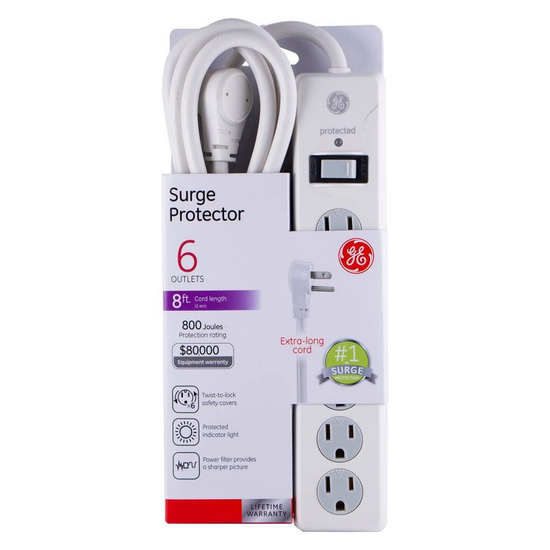 slide 3 of 5, General Electric GE 6 Outlet Surge Protector with 8' Extension Cord Twist To Close Safety Covers White, 1 ct
