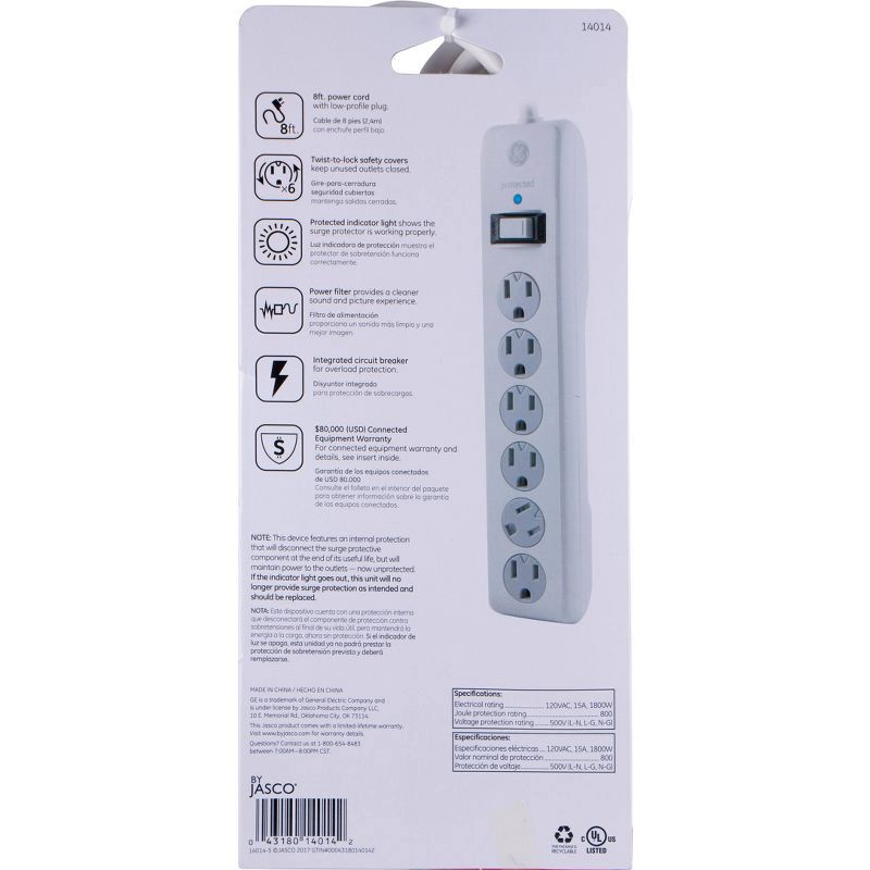 slide 4 of 5, General Electric GE 6 Outlet Surge Protector with 8' Extension Cord Twist To Close Safety Covers White, 1 ct