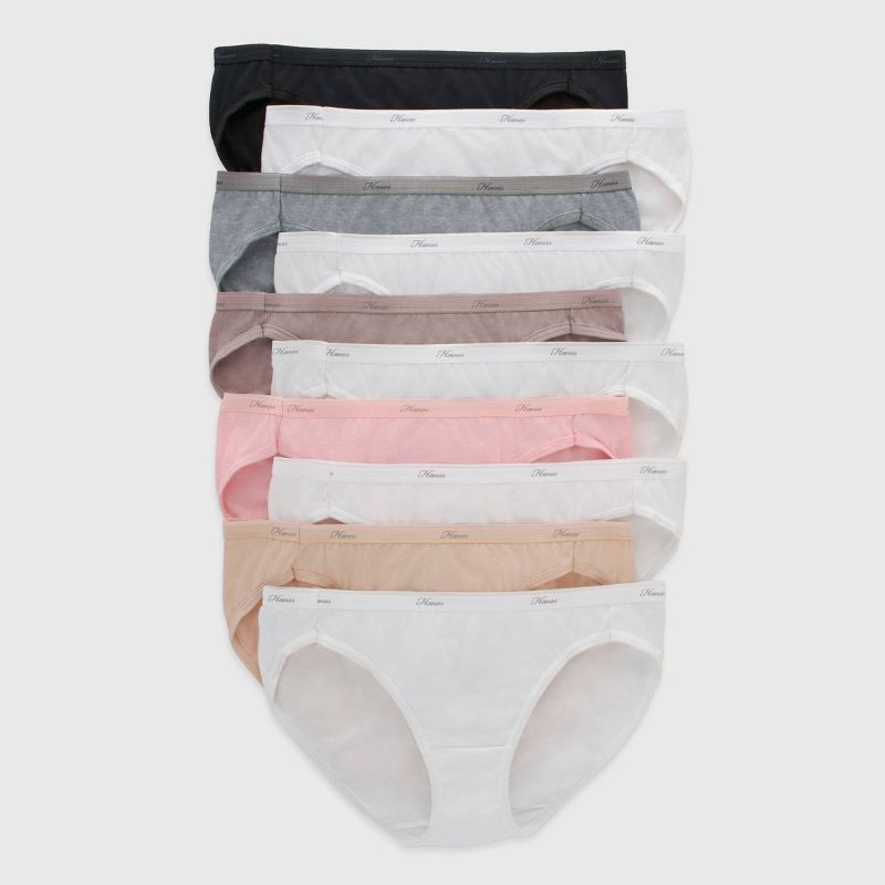 slide 1 of 5, Hanes Women's 10pk Breathable Cotton Bikini Underwear - Colors May Vary 9: Low Rise, Full Waistband Elastic, Machine Washable, 10 ct