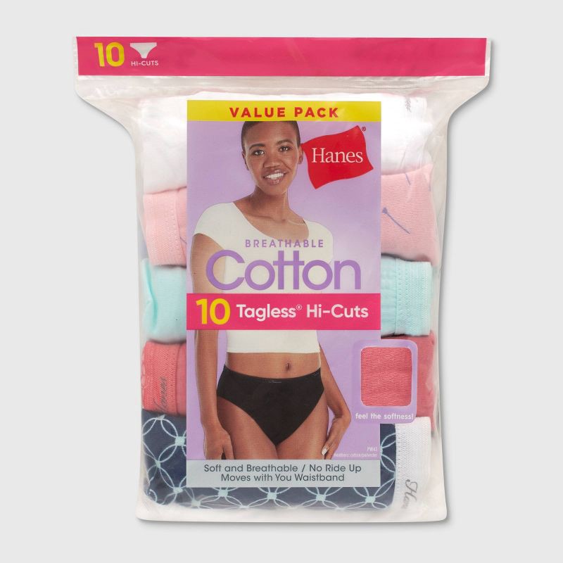 slide 2 of 5, Hanes Women's 10pk Cotton Hi-Cut Briefs - Colors and Pattern May Vary 6, 10 ct