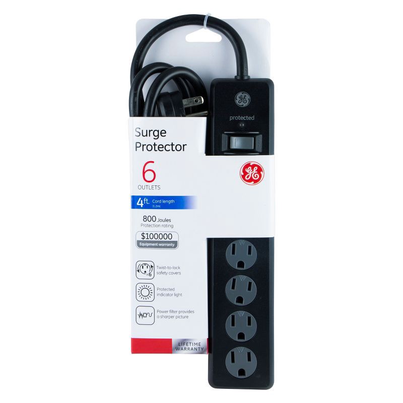 slide 4 of 6, General Electric GE 6 Outlet Surge Protector with 4' Extension Cord Twist To Close Safety Covers Black, 1 ct