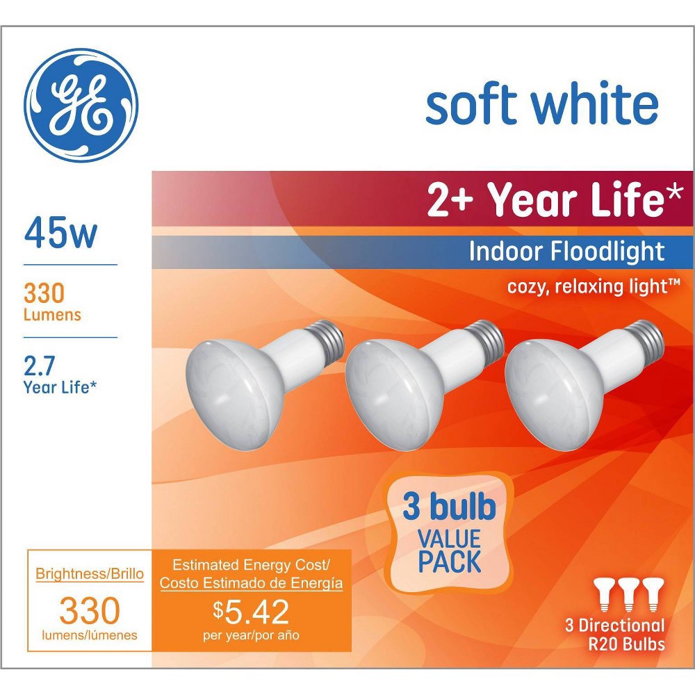 slide 2 of 4, GE Household Lighting GE 3pk 45w R20 Long Life Incandescent Light Bulb Soft White, 3 ct