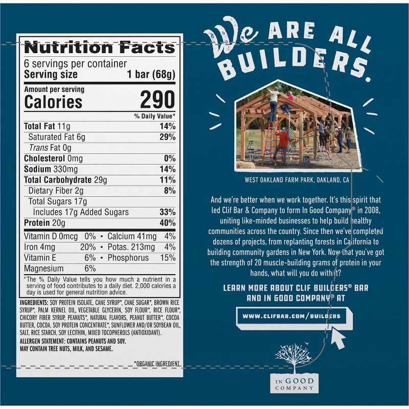 slide 5 of 10, CLIF Builder's CLIF Bar Builders Chocolate Peanut Butter Plant-Based Protein Bar - 20g Protein - 6ct, 20 gram, 6 ct