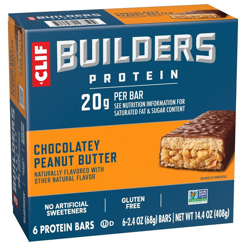 slide 10 of 15, CLIF Builder's Chocolatey Peanut Butter 20g Protein Bars - Gluten Free - 2.4 oz./6ct, 20 gram, 2.4 oz, 6 ct