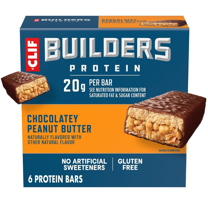 slide 1 of 15, CLIF BUILDERS Chocolatey Peanut Butter 20g Protein Bars - Gluten Free - 2.4oz/6ct: High Protein, Ready to Eat, Plant-Based Protein, Crunchy, 20 gram, 2.4 oz, 6 ct