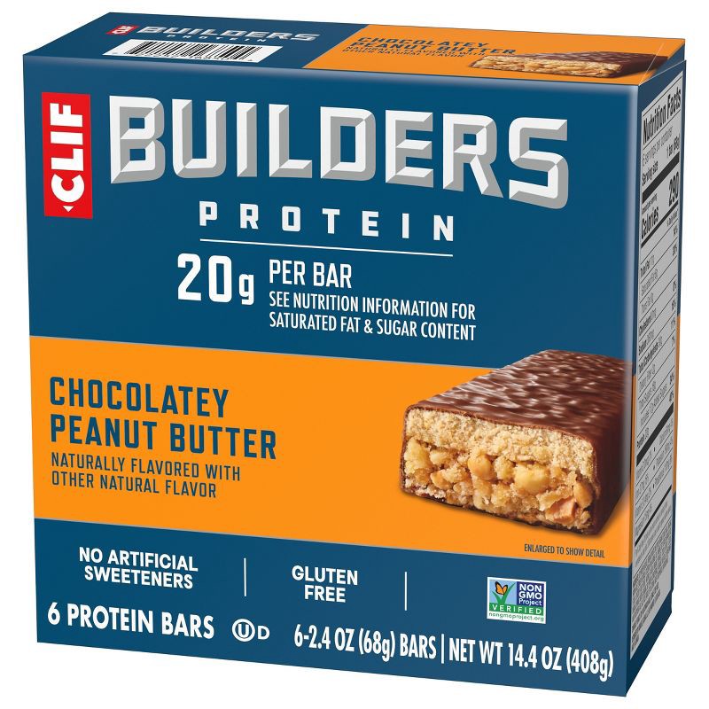 slide 11 of 15, CLIF Builder's Chocolatey Peanut Butter 20g Protein Bars - Gluten Free - 2.4 oz./6ct, 20 gram, 2.4 oz, 6 ct