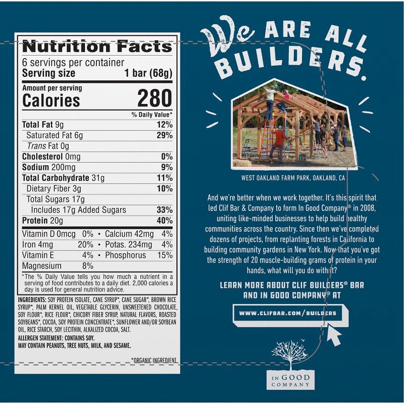 slide 4 of 11, CLIF Builder's CLIF Bar Builder's Chocolate Mint Plant-Based Soy Protein Bars - 20g Protein - 6ct, 20 gram, 6 ct