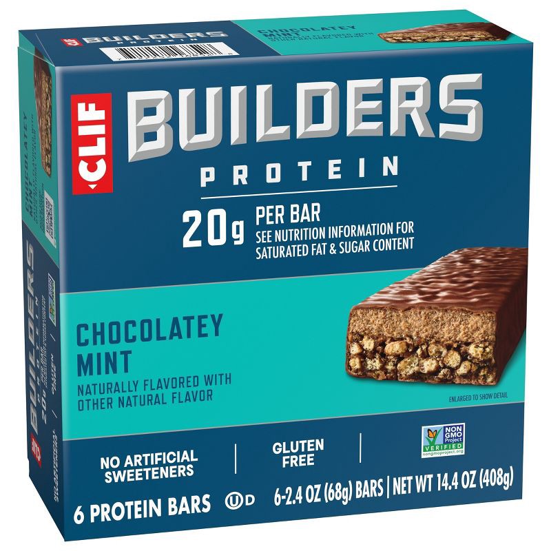 slide 9 of 15, CLIF Builder's CLIF Bar Builder's Chocolate Mint Plant-Based Soy Protein Bars - 20g Protein - 6ct, 20 gram, 6 ct