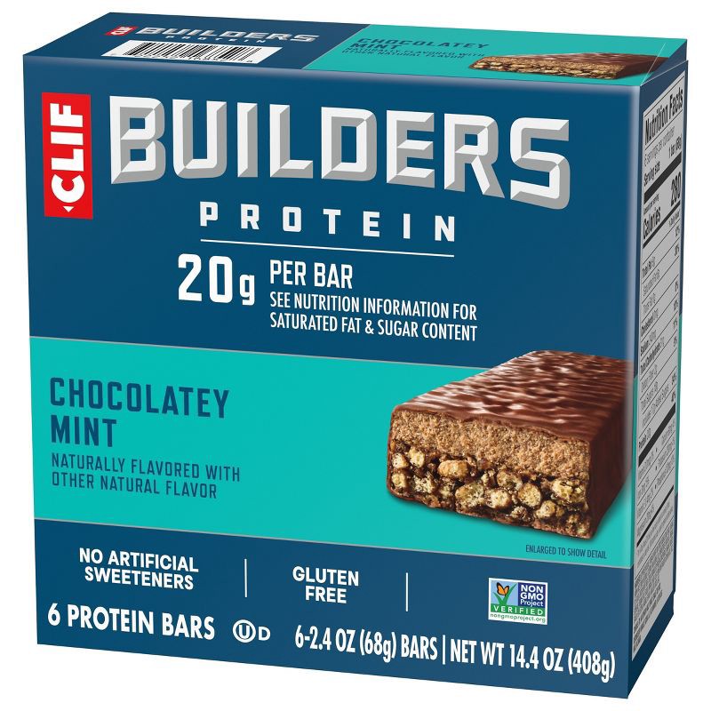 slide 10 of 15, CLIF Builder's CLIF Bar Builder's Chocolate Mint Plant-Based Soy Protein Bars - 20g Protein - 6ct, 20 gram, 6 ct