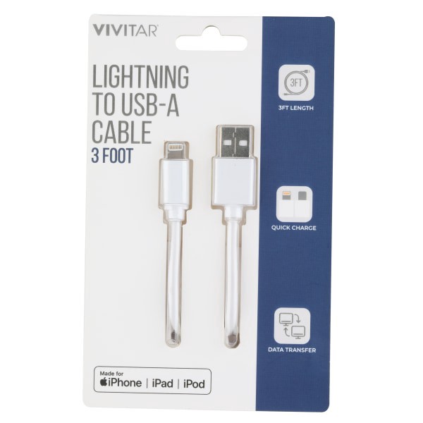 slide 1 of 2, Vivitar Lightning To Usb-A Cable, 3', White, Nil1003, 1 ct