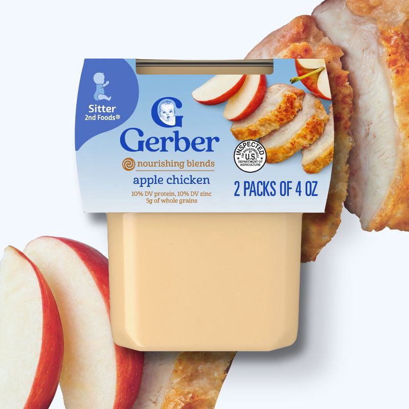slide 2 of 8, Gerber Baby Food Stage 2 Apple Chicken Puree Tub 2 - 4oz/2ct, 2 x 4 oz, 2 ct