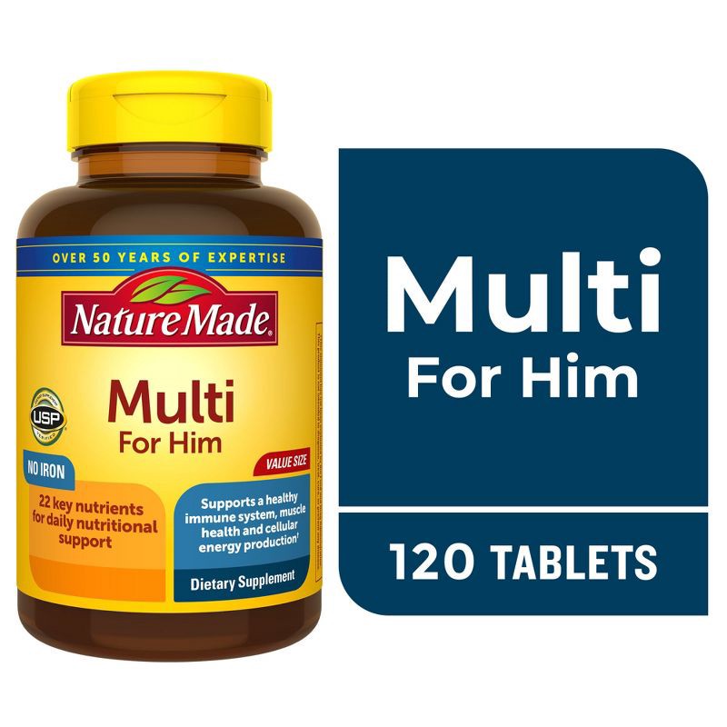 slide 3 of 9, Nature Made Multi for Him with No Iron - Men's Multivitamin Nutritional Support Tablets - 120ct, 120 ct