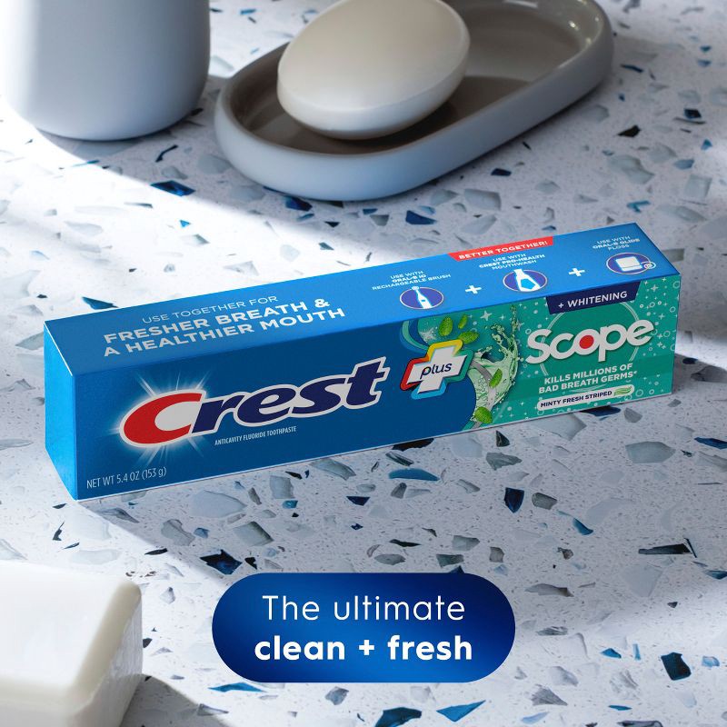 slide 3 of 10, Crest + Scope Complete Whitening Toothpaste - Minty Fresh - 5.4oz/2pk, 5.4 oz, 2 ct