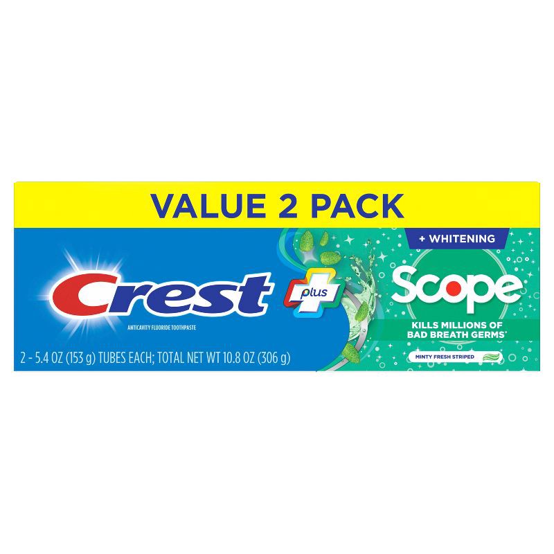 slide 8 of 10, Crest + Scope Complete Whitening Toothpaste - Minty Fresh - 5.4oz/2pk, 5.4 oz, 2 ct
