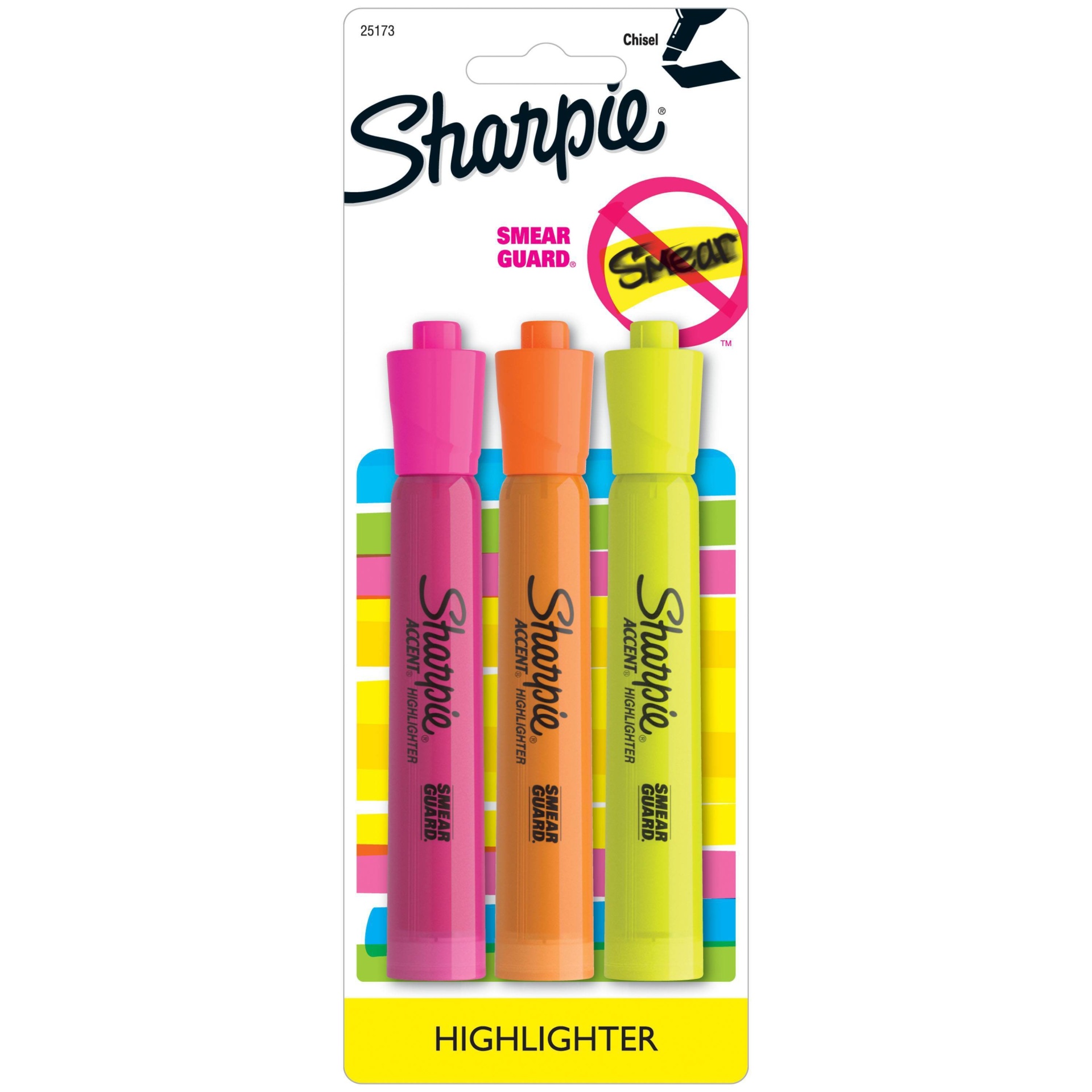 slide 1 of 7, Sharpie Highlighters Smear Guard Chisel Tip Multicolored, 3 ct