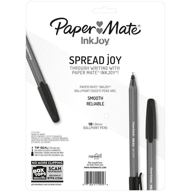 slide 6 of 7, Paper Mate Ink Joy 100ST 18pk Ballpoint Pens 1.00mm Medium Tip Multicolored: Quick Drying, Pocket Clip, 18 Count, 18 ct
