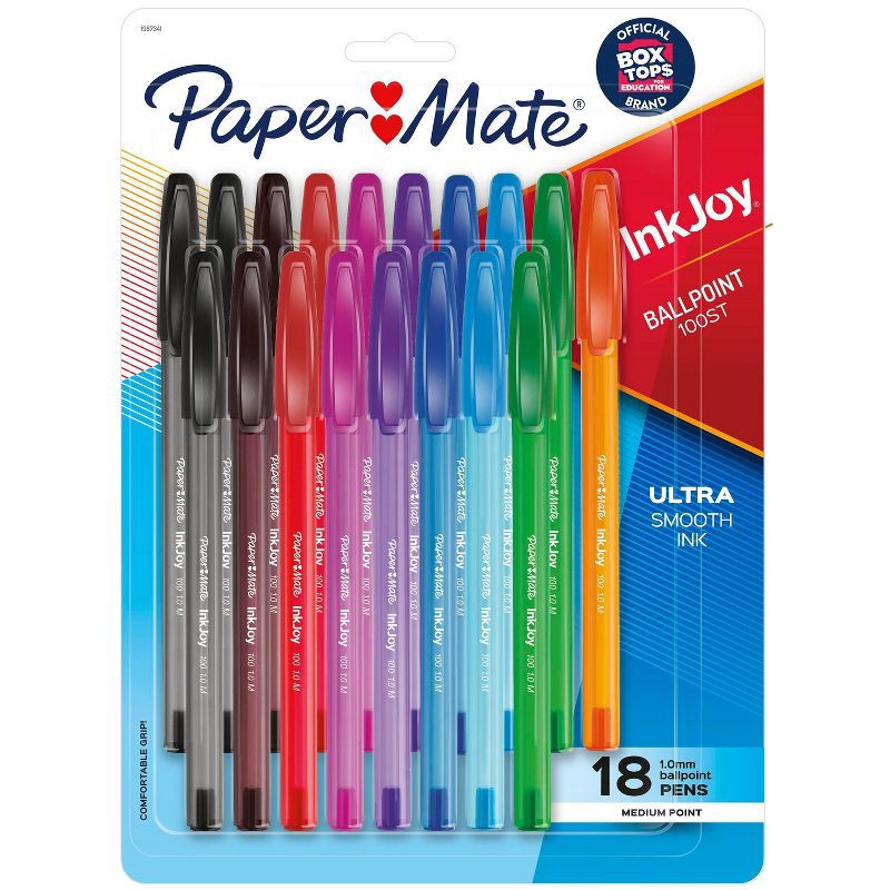 slide 1 of 7, Paper Mate Ink Joy 100ST 18pk Ballpoint Pens 1.00mm Medium Tip Multicolored: Quick Drying, Pocket Clip, 18 Count, 18 ct