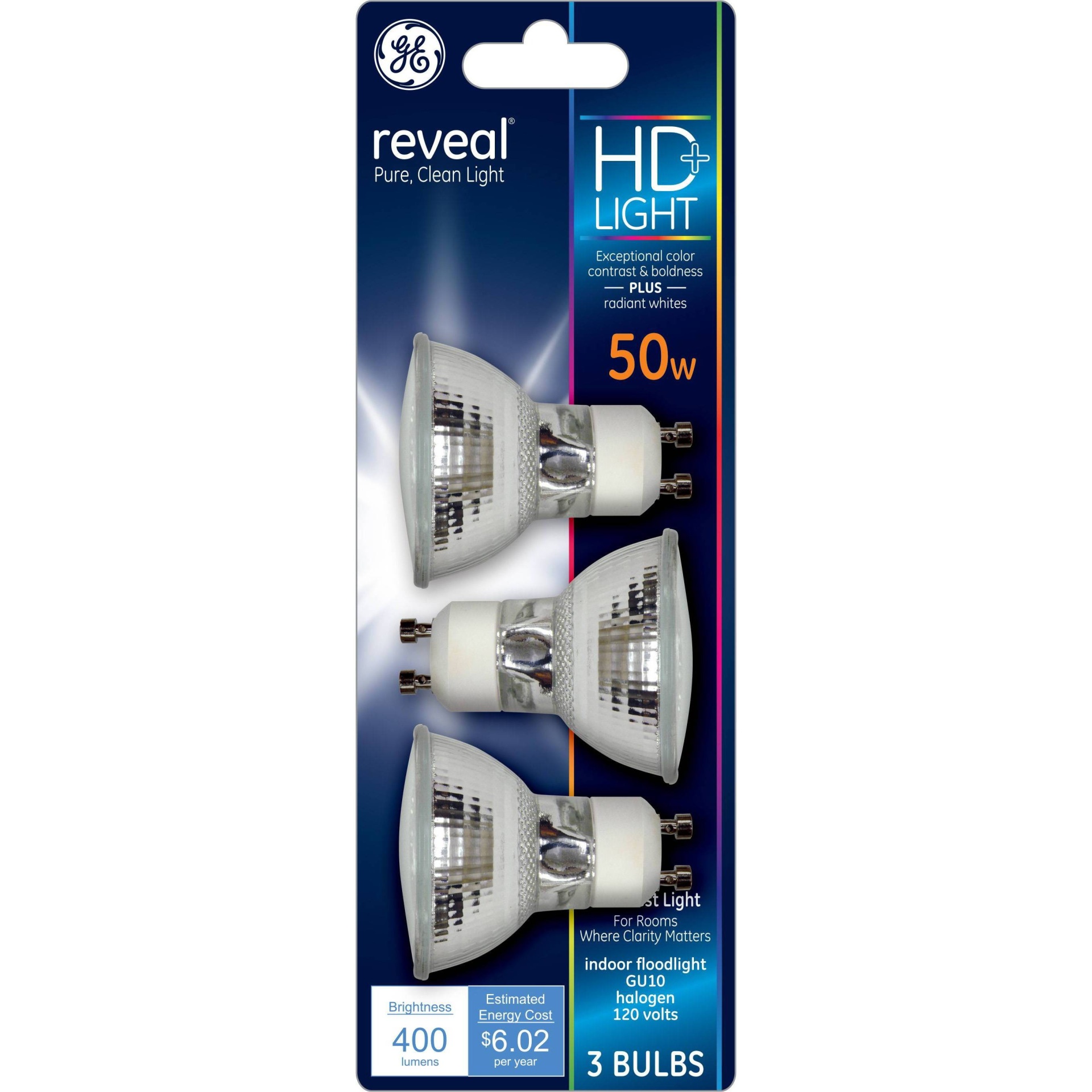 slide 1 of 3, GE Household Lighting GE 50w 3pk Reveal GU10 Halogen Light Bulb, 3 ct