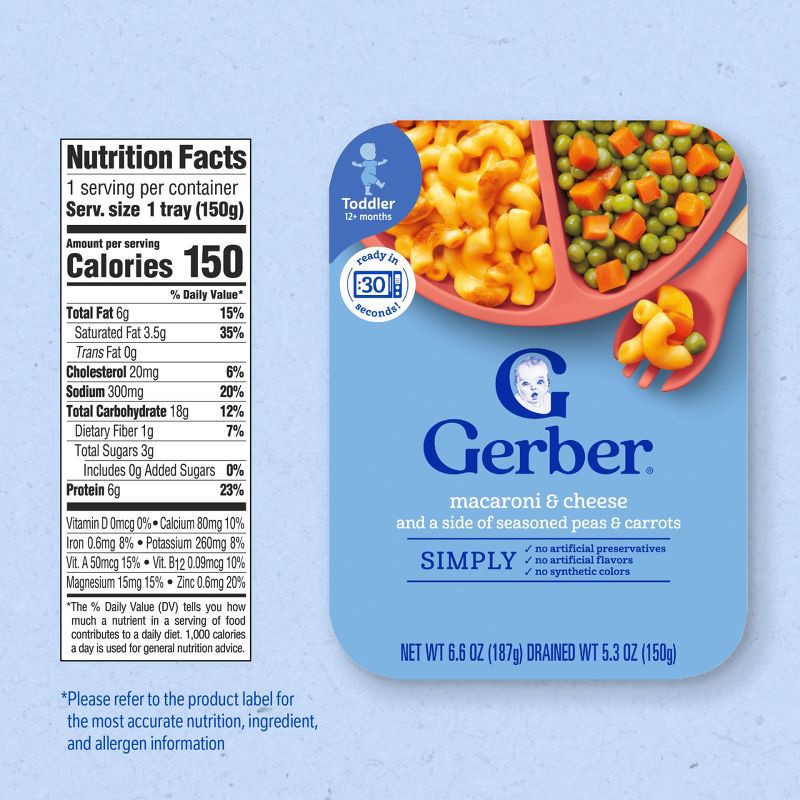 slide 7 of 8, Gerber Toddler Food Meals Macaroni & Cheese with Seasoned Peas and Carrots - 6.6oz​, 6.6 oz
