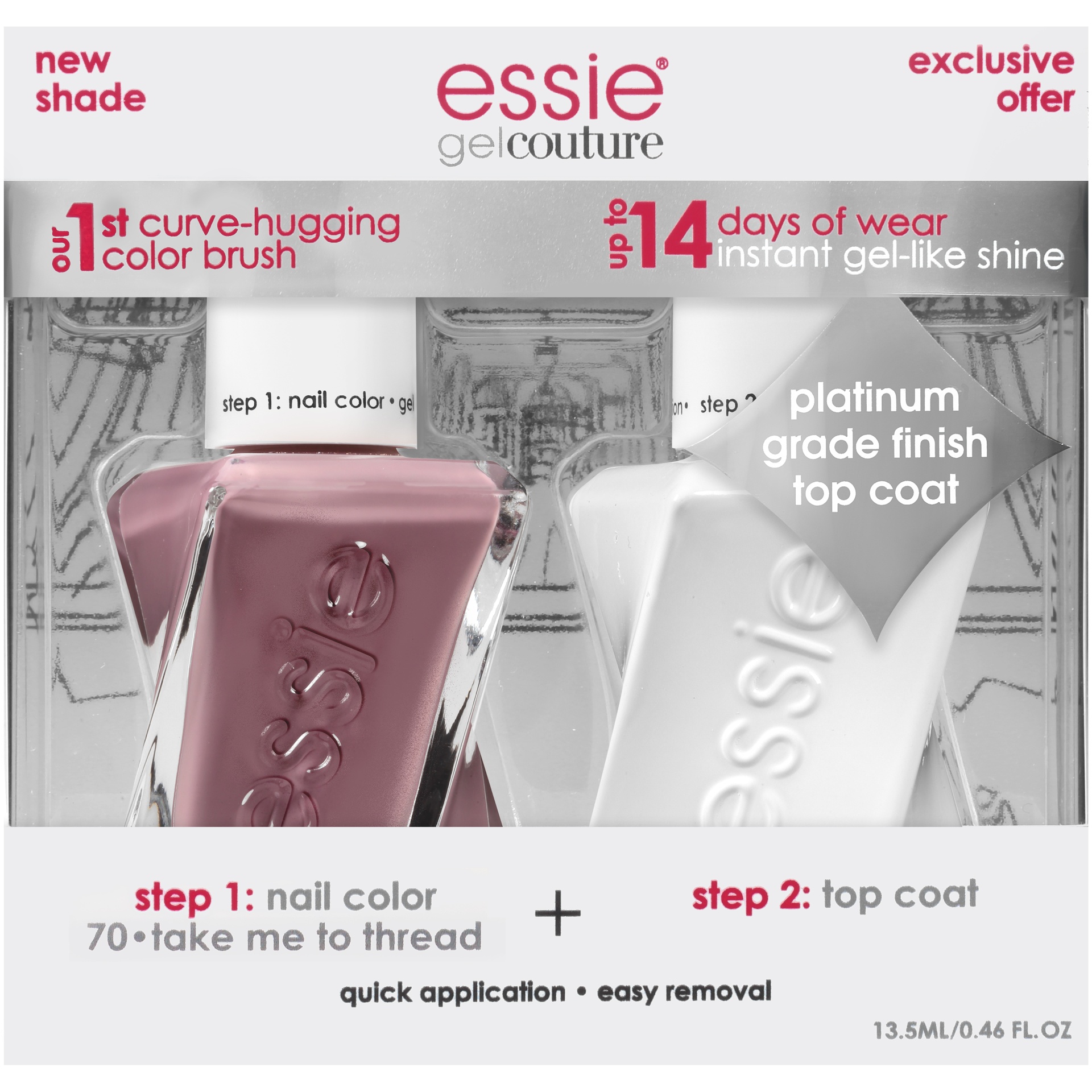 slide 2 of 6, Essie Gel Couture Nail Polish + Top Coat Kit 70 Take Me To Thread, 2 ct; 0.46 oz