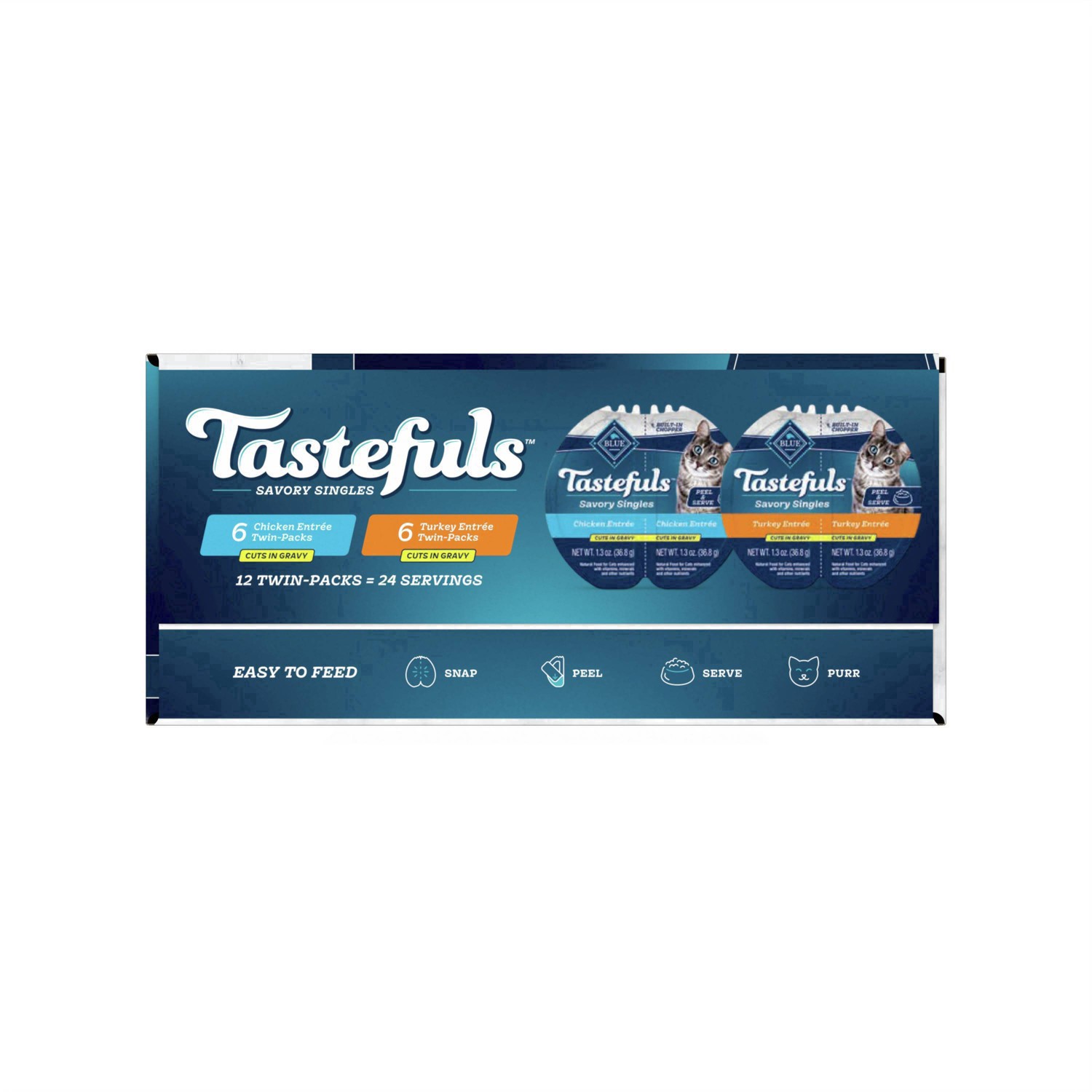 slide 25 of 43, Blue Buffalo Tastefuls Savory Singles Adult Cuts in Gravy Wet Cat Food Variety Pack, Chicken and Turkey Entrée, 2.6-oz Twin-Pack Tray (12 Count - 6 of Each Flavor), 12 ct 2.6 oz