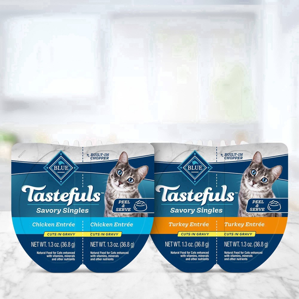 slide 3 of 43, Blue Buffalo Tastefuls Savory Singles Adult Cuts in Gravy Wet Cat Food Variety Pack, Chicken and Turkey Entrée, 2.6-oz Twin-Pack Tray (12 Count - 6 of Each Flavor), 12 ct 2.6 oz