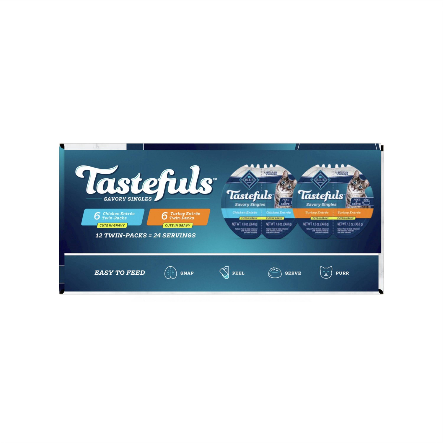 slide 13 of 43, Blue Buffalo Tastefuls Savory Singles Adult Cuts in Gravy Wet Cat Food Variety Pack, Chicken and Turkey Entrée, 2.6-oz Twin-Pack Tray (12 Count - 6 of Each Flavor), 12 ct 2.6 oz