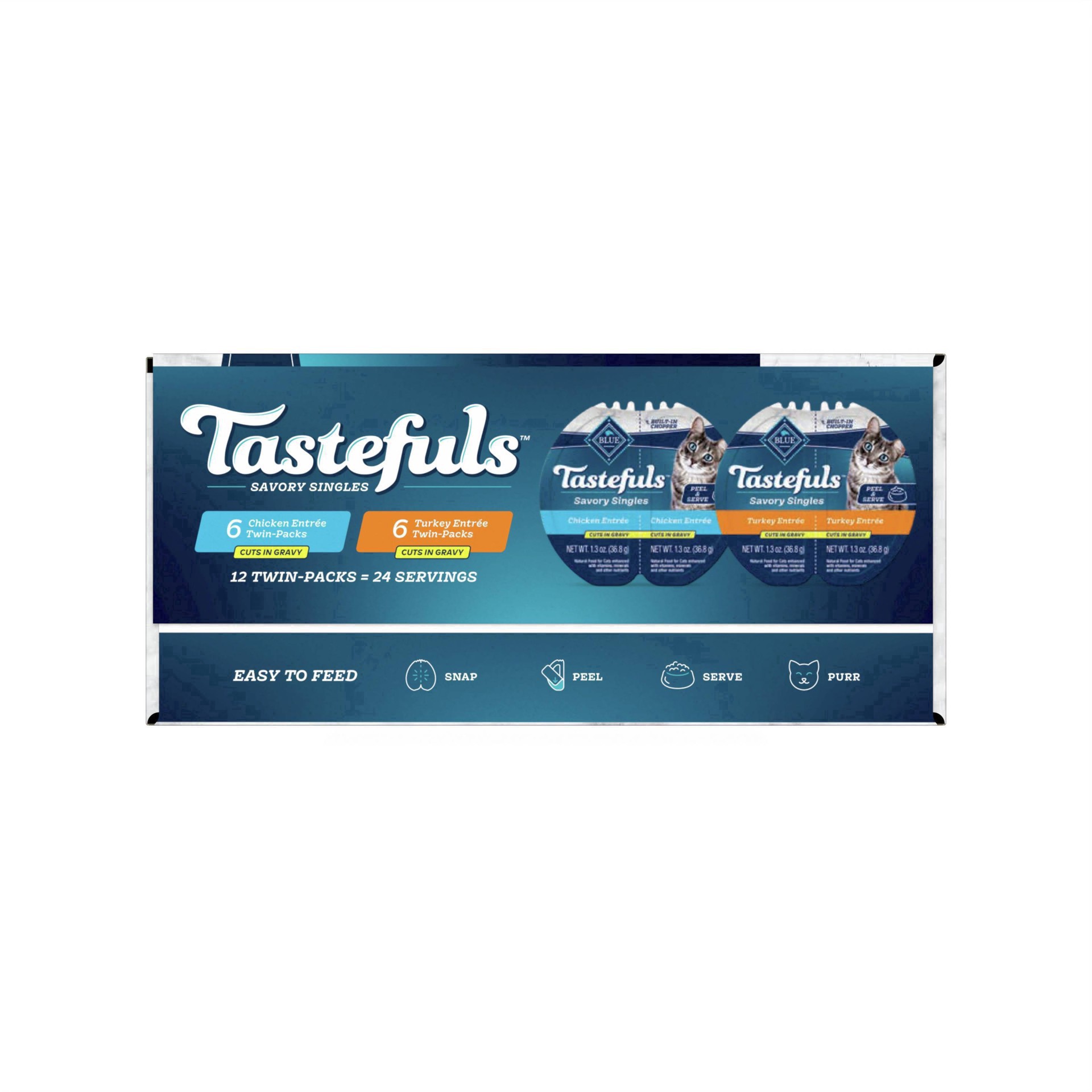 slide 23 of 43, Blue Buffalo Tastefuls Savory Singles Adult Cuts in Gravy Wet Cat Food Variety Pack, Chicken and Turkey Entrée, 2.6-oz Twin-Pack Tray (12 Count - 6 of Each Flavor), 12 ct 2.6 oz