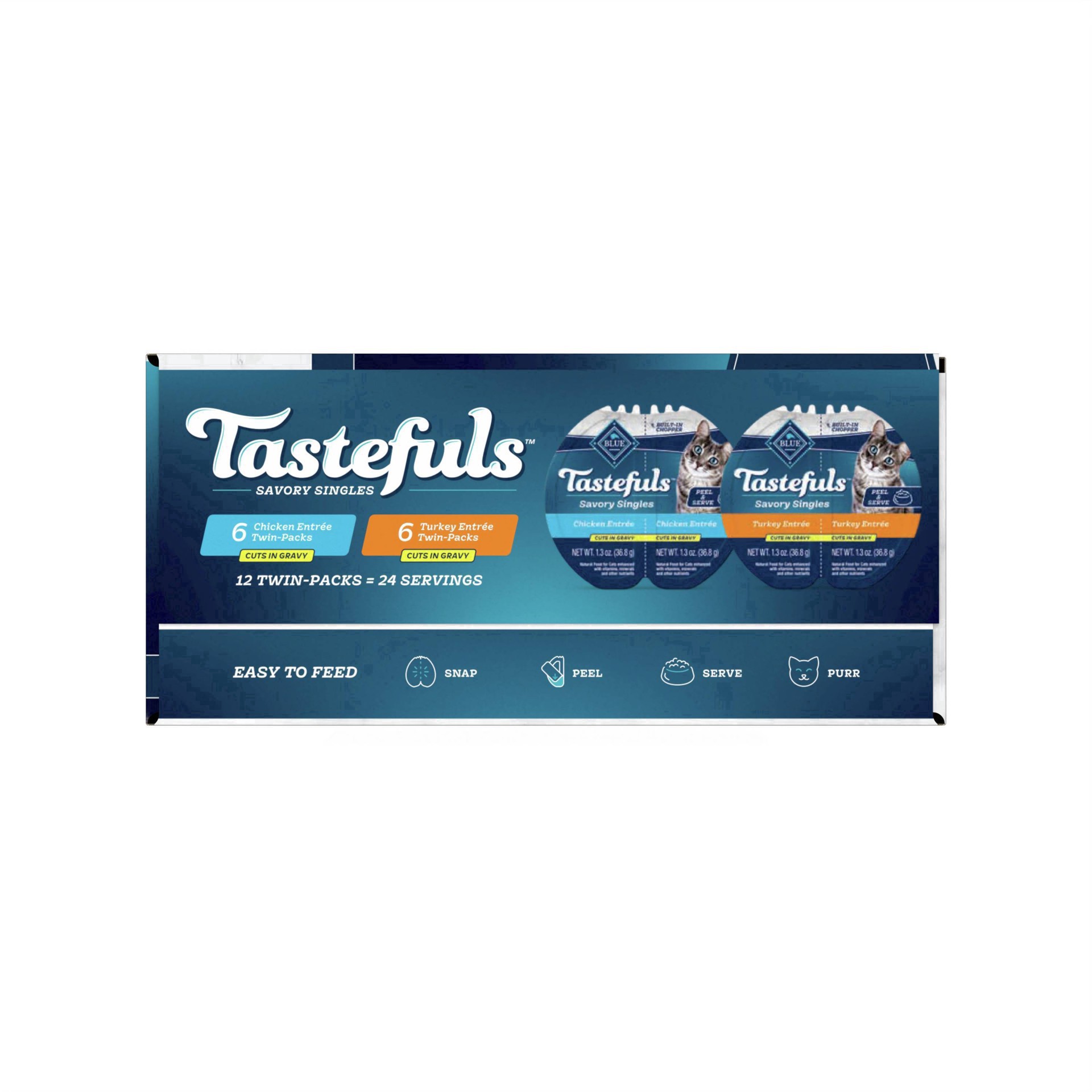 slide 24 of 43, Blue Buffalo Tastefuls Savory Singles Adult Cuts in Gravy Wet Cat Food Variety Pack, Chicken and Turkey Entrée, 2.6-oz Twin-Pack Tray (12 Count - 6 of Each Flavor), 12 ct 2.6 oz