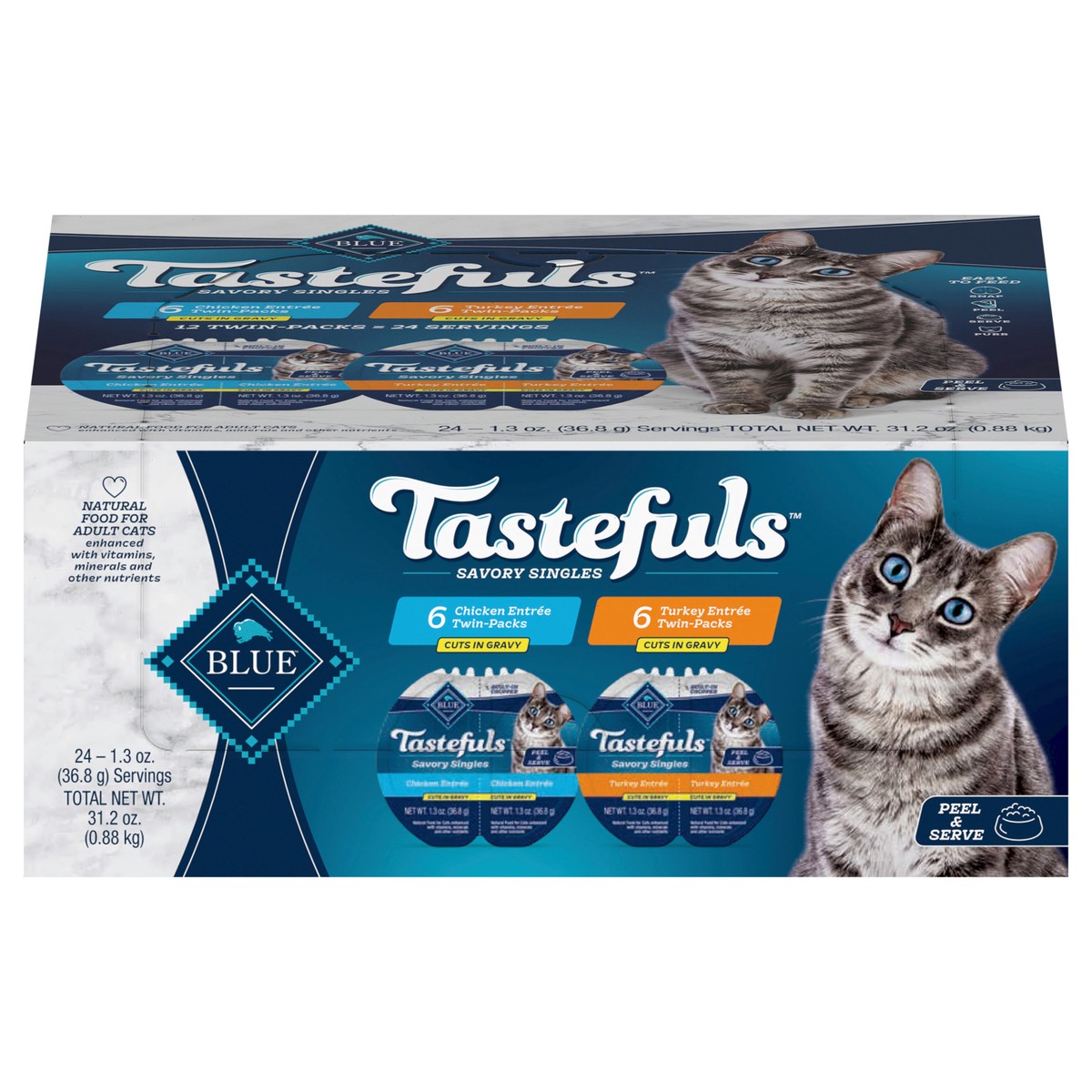slide 1 of 43, Blue Buffalo Tastefuls Savory Singles Adult Cuts in Gravy Wet Cat Food Variety Pack, Chicken and Turkey Entrée, 2.6-oz Twin-Pack Tray (12 Count - 6 of Each Flavor), 12 ct 2.6 oz