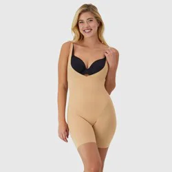 Maidenform Women's Shapewear Open Bust Wear Your Own Bra Mid Thigh Bodysuit 874 - Beige L: Tummy & Hip Slimming