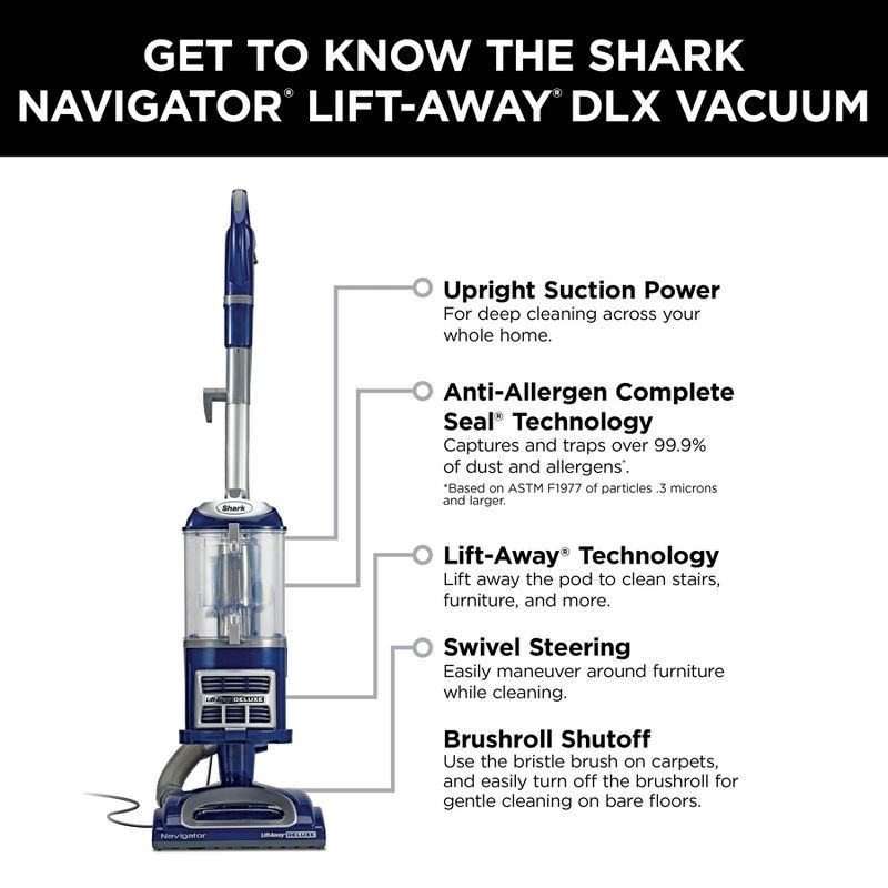 slide 13 of 16, Shark Navigator Lift-Away Deluxe Upright Vacuum - Blue NV360: HEPA Filter, Pet Hair, Multi-Surface, 25' Cord, 1 ct