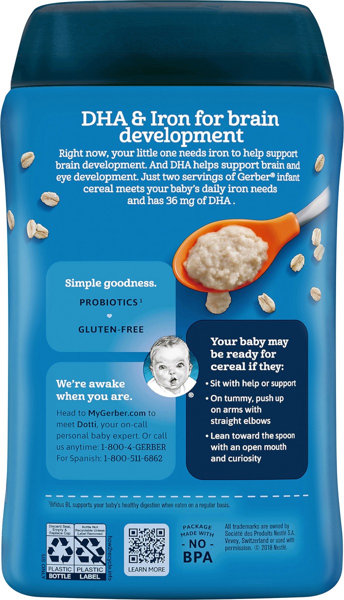 slide 5 of 9, Gerber DHA & Probiotic Oatmeal Single Grain Cereal, 8 oz