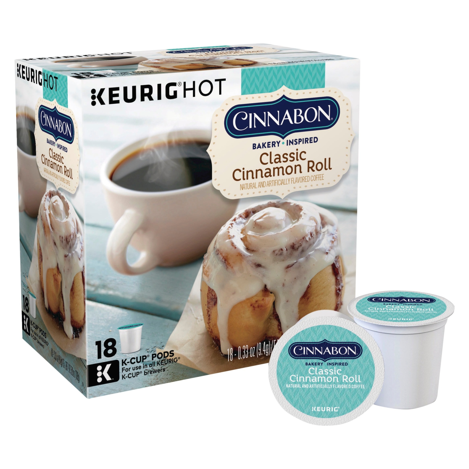 slide 1 of 4, Cinnabon Bakery Inspired Classic Cinnamon Roll Light Roast - Coffee K-Cups, 18 ct