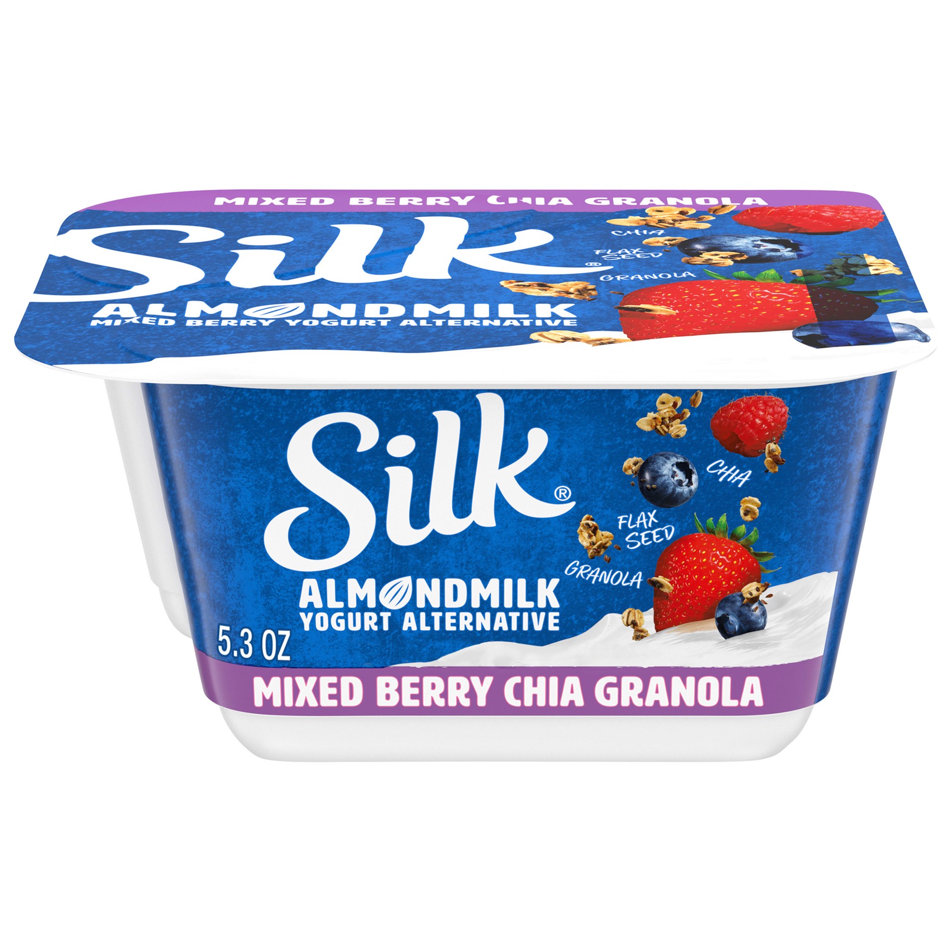 slide 1 of 10, Silk Almond Milk Dairy-Free Yogurt Alternative, Mixed Berry Chia Granola Mix-Ins, Soy-Free, Gluten-Free, Non-GMO Project Verified, 5.3 oz., 5.3 oz